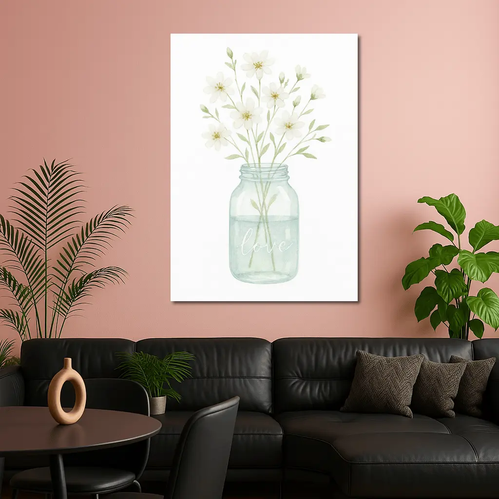Watercolor White Wildflowers Mason Jar Love – Wall Art