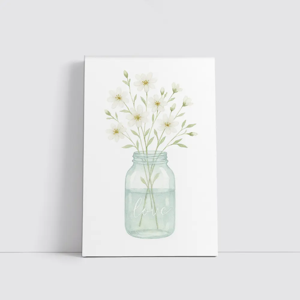 Watercolor White Wildflowers Mason Jar Love – Wall Art