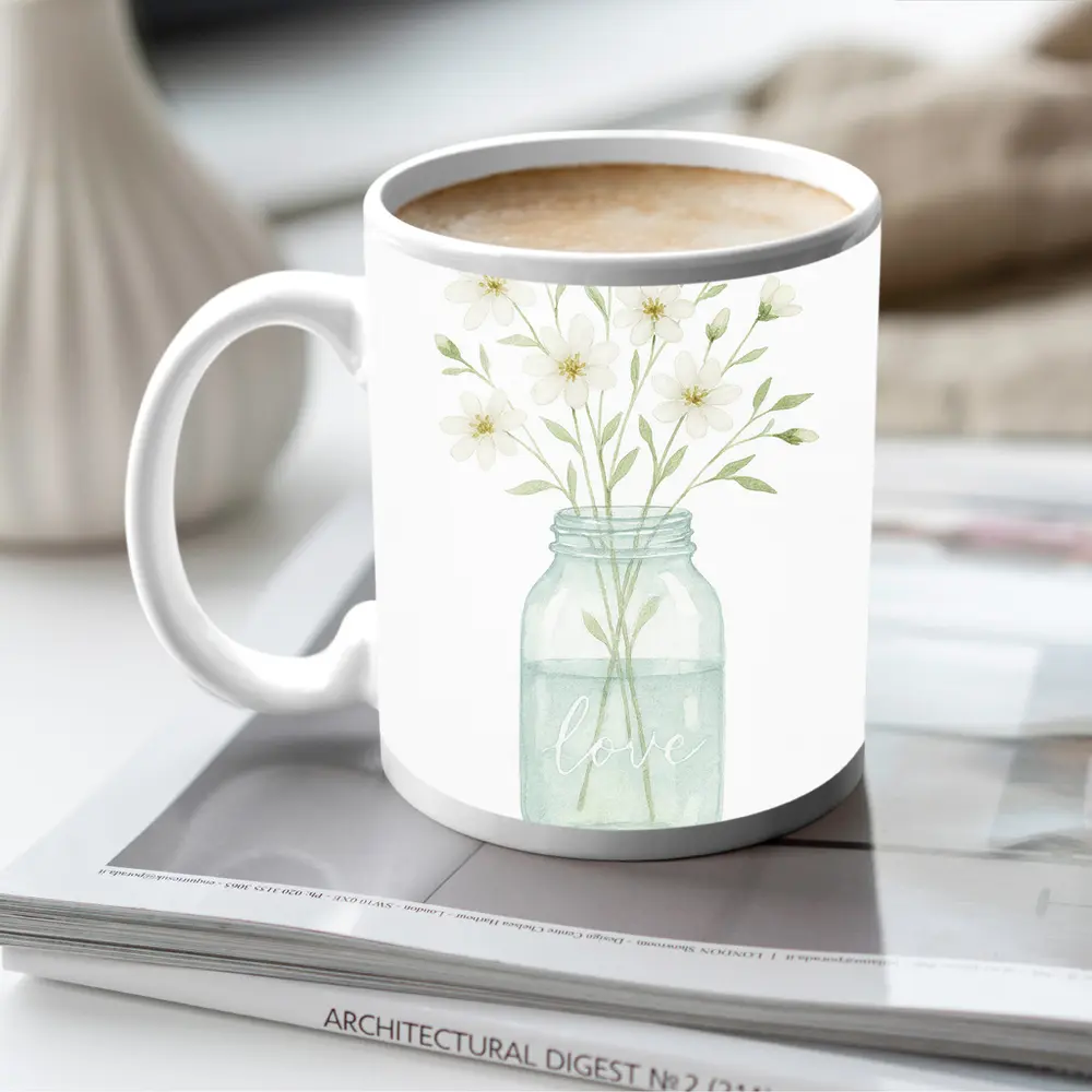 Watercolor White Wildflowers Mason Jar Love – Mugs