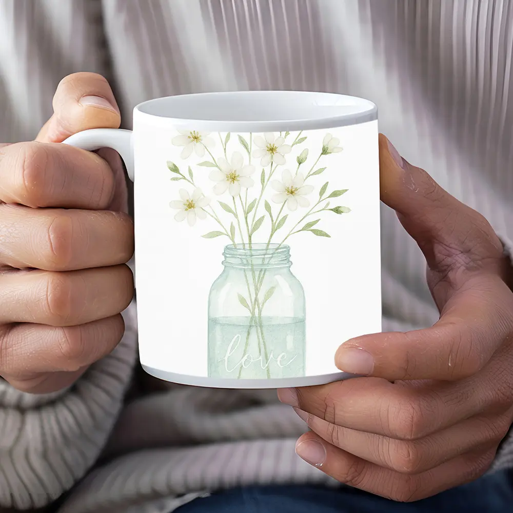 Watercolor White Wildflowers Mason Jar Love – Mugs