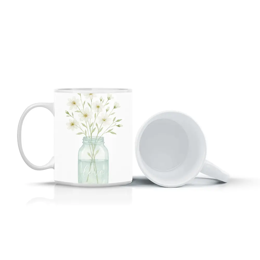 Watercolor White Wildflowers Mason Jar Love – Mugs
