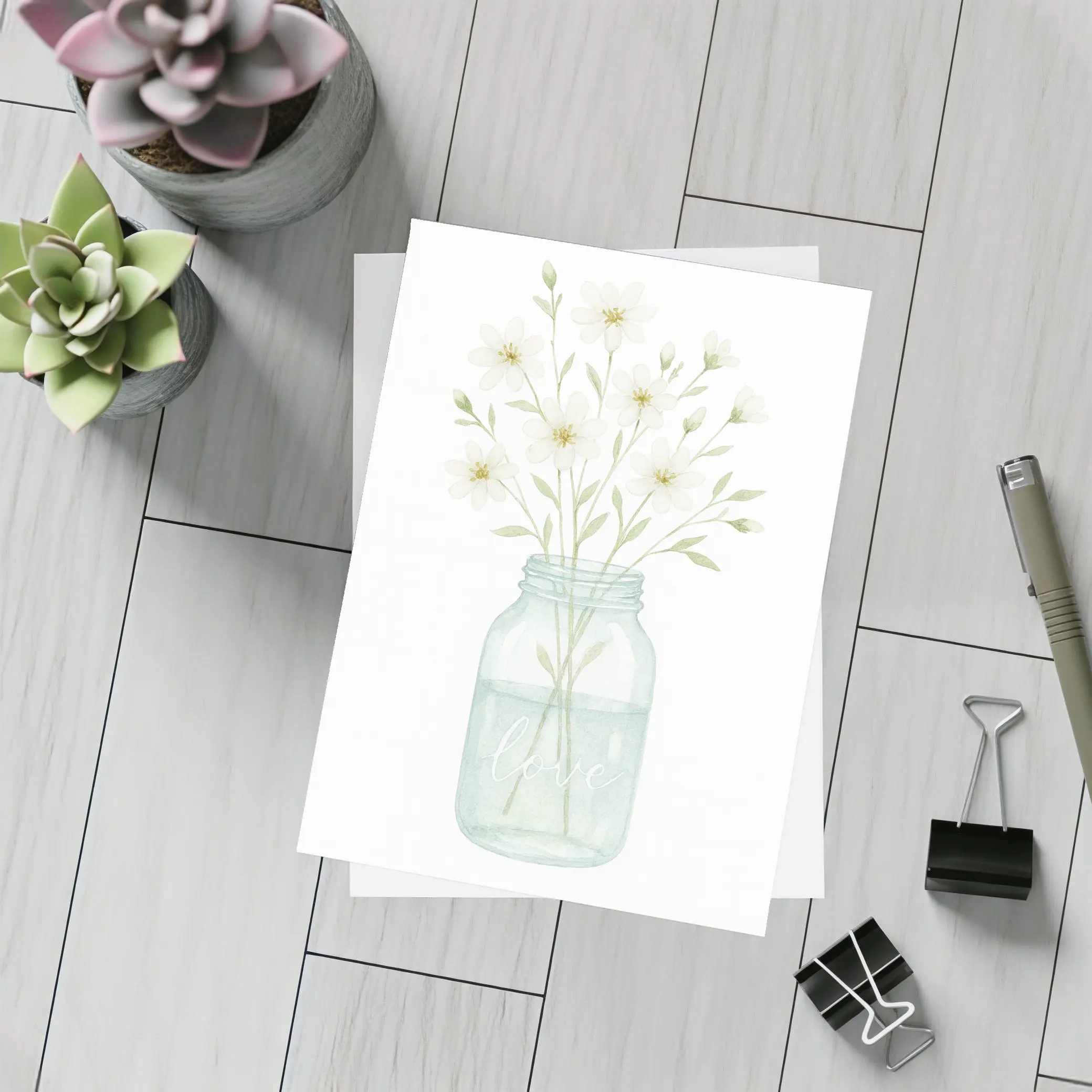 Watercolor White Wildflowers Mason Jar Love – Postcards