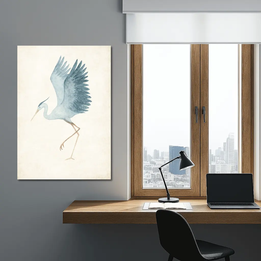 Blue Heron Dancing Watercolor Beige Background – Wall Art