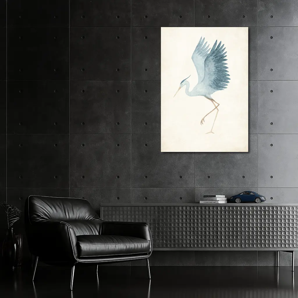 Blue Heron Dancing Watercolor Beige Background – Wall Art