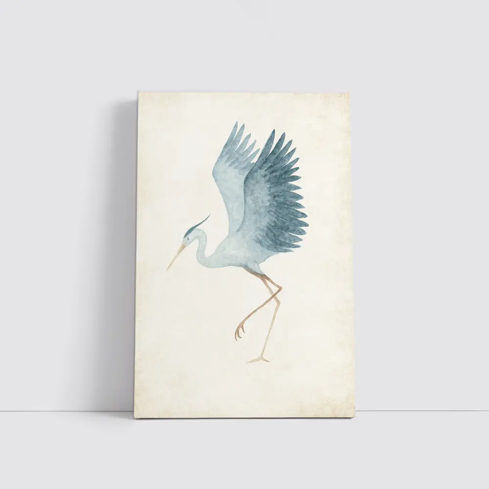 Blue Heron Dancing Watercolor Beige Background – Wall Art