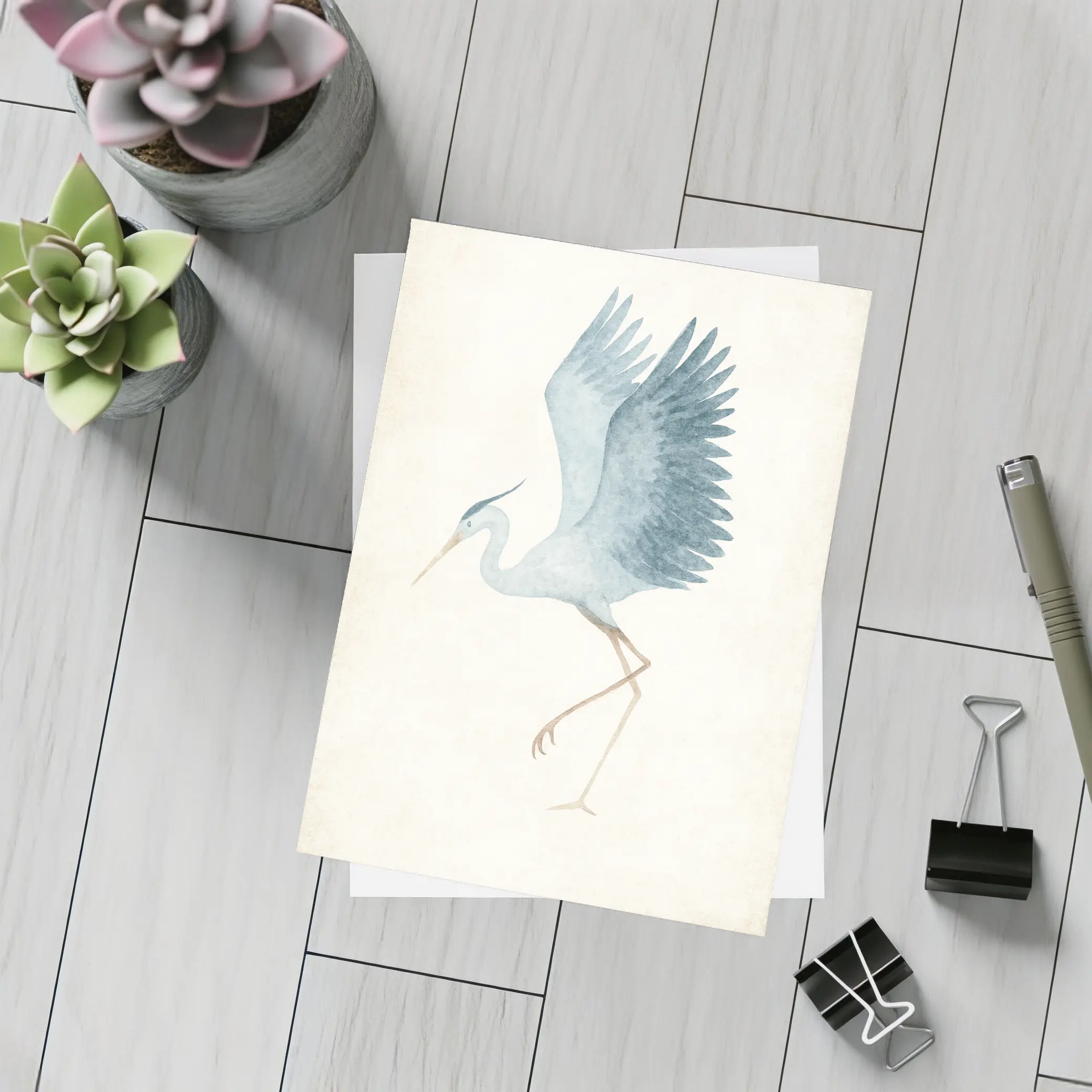 Blue Heron Dancing Watercolor Beige Background – Postcards