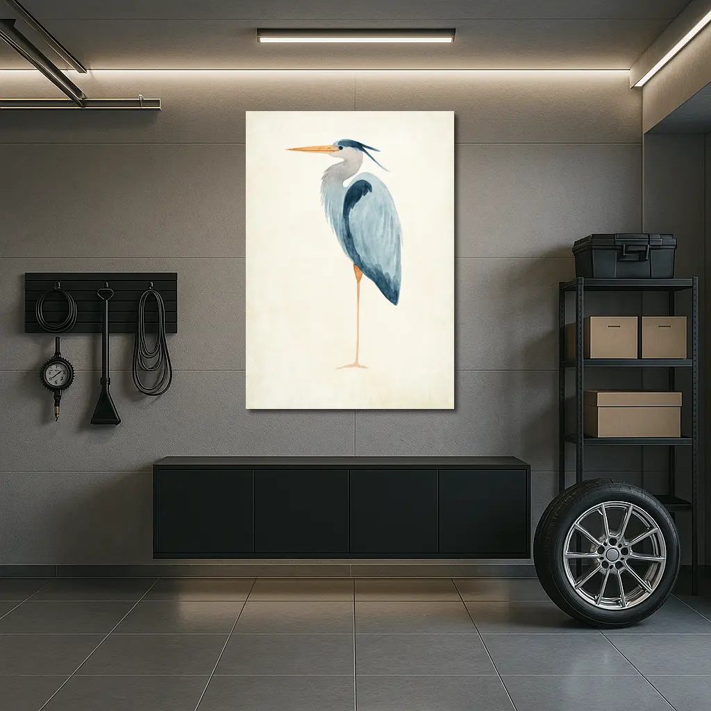 Great Blue Heron Watercolor Beige Background – Wall Art