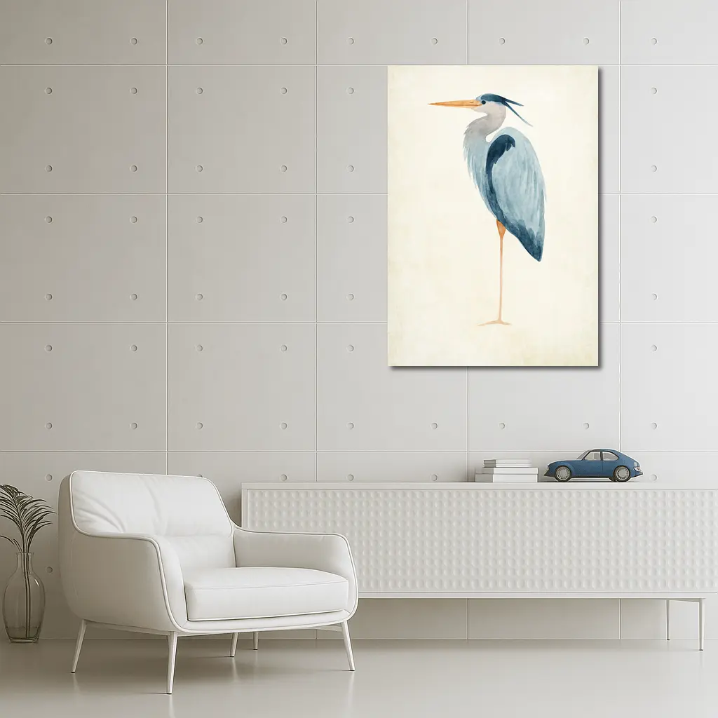 Great Blue Heron Watercolor Beige Background – Wall Art