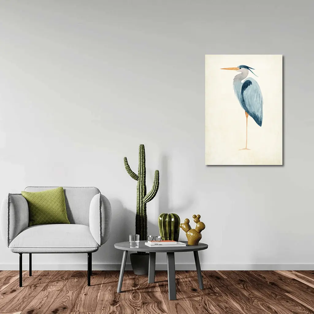 Great Blue Heron Watercolor Beige Background – Wall Art