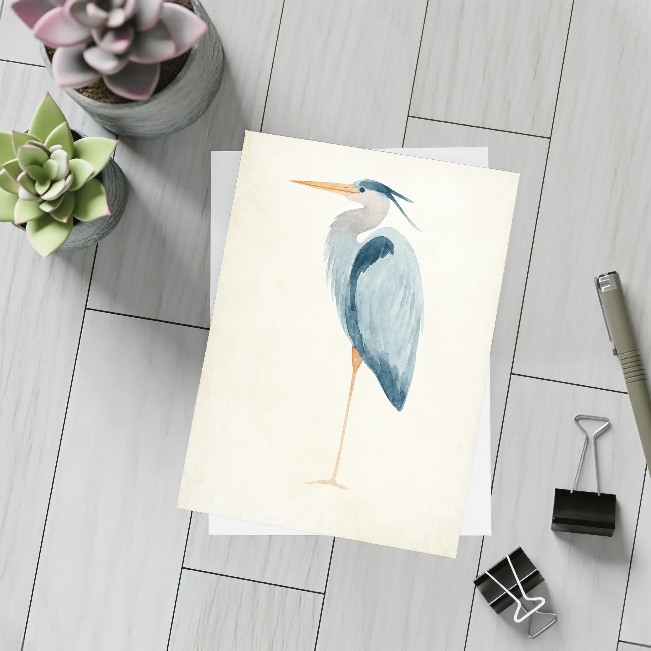 Great Blue Heron Watercolor Beige Background – Postcards