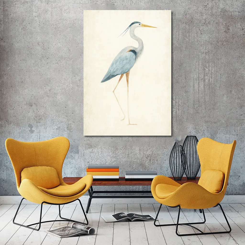 Great Blue Heron Watercolor Beige Background – Wall Art
