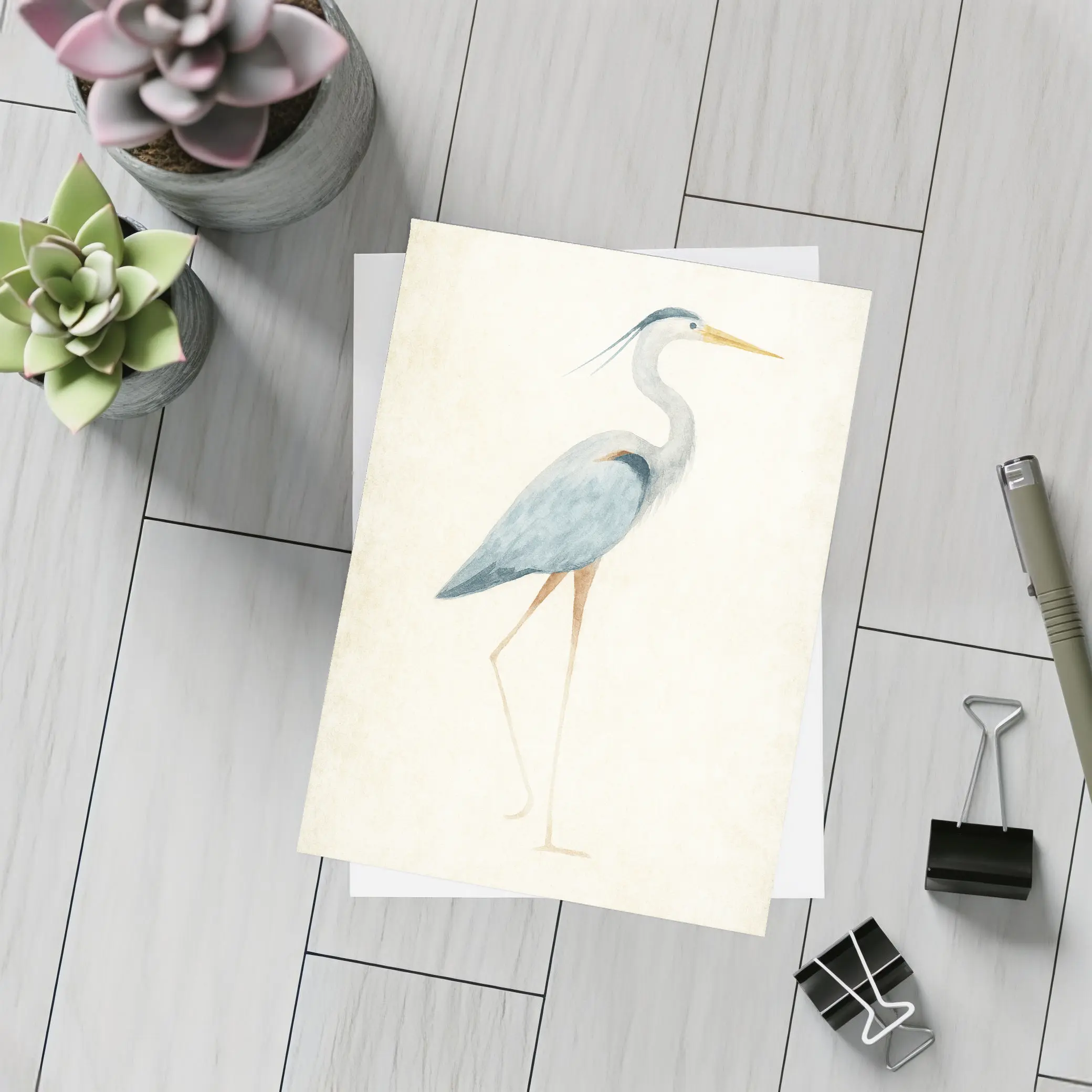 Great Blue Heron Watercolor Beige Background – Postcards