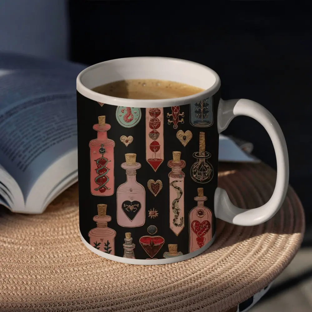 Dark Gothic Potion Bottles Hearts Black Background – Mugs