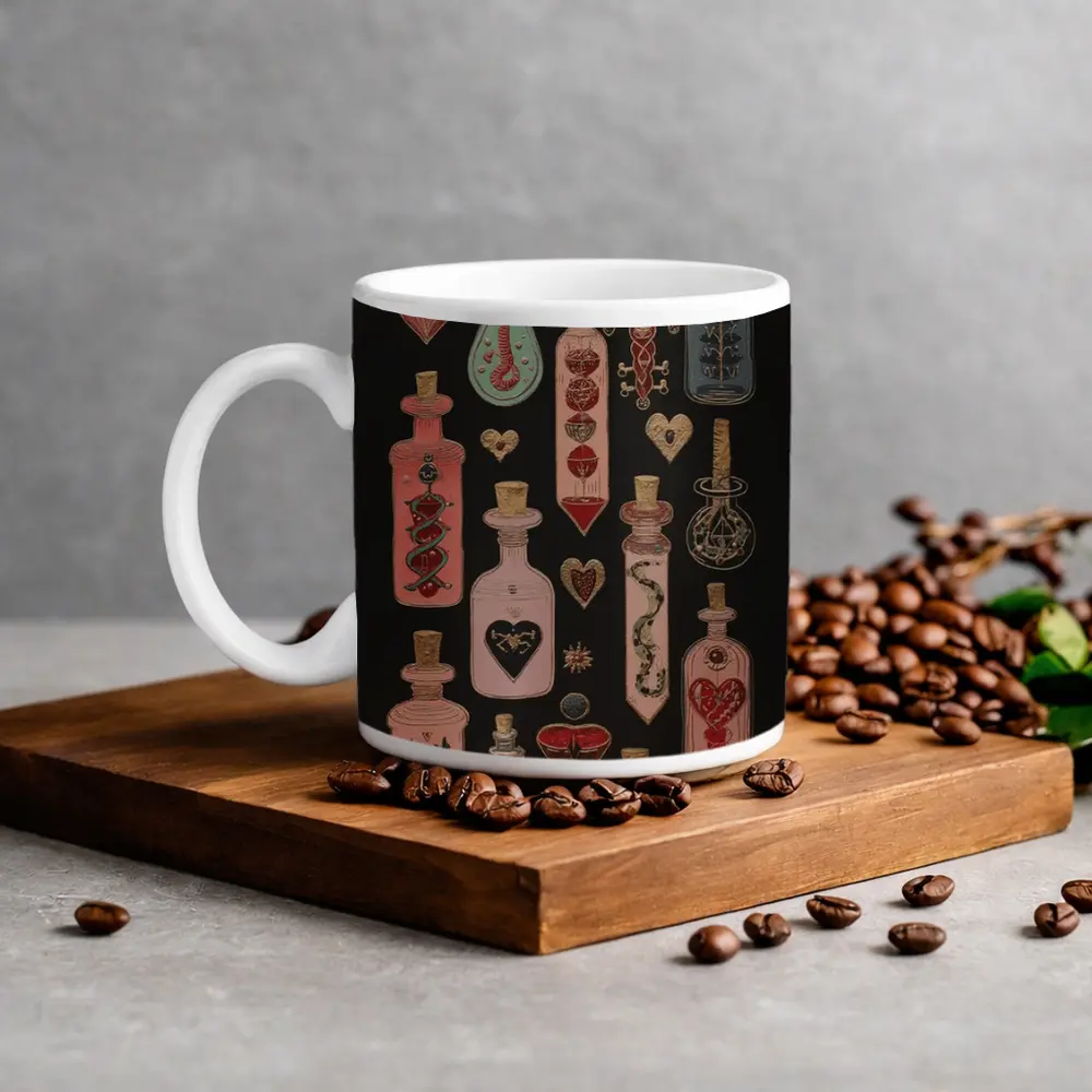 Dark Gothic Potion Bottles Hearts Black Background – Mugs