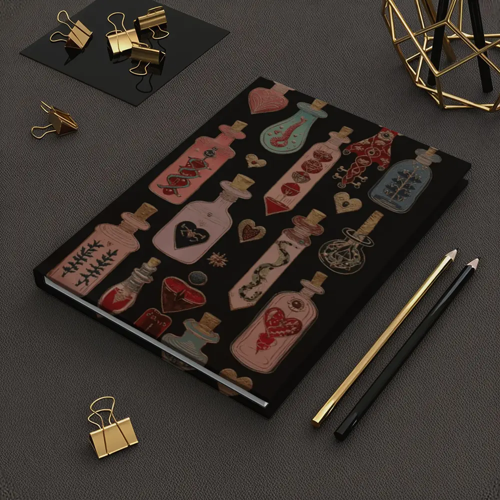 Dark Gothic Potion Bottles Hearts Black Background – Notebooks