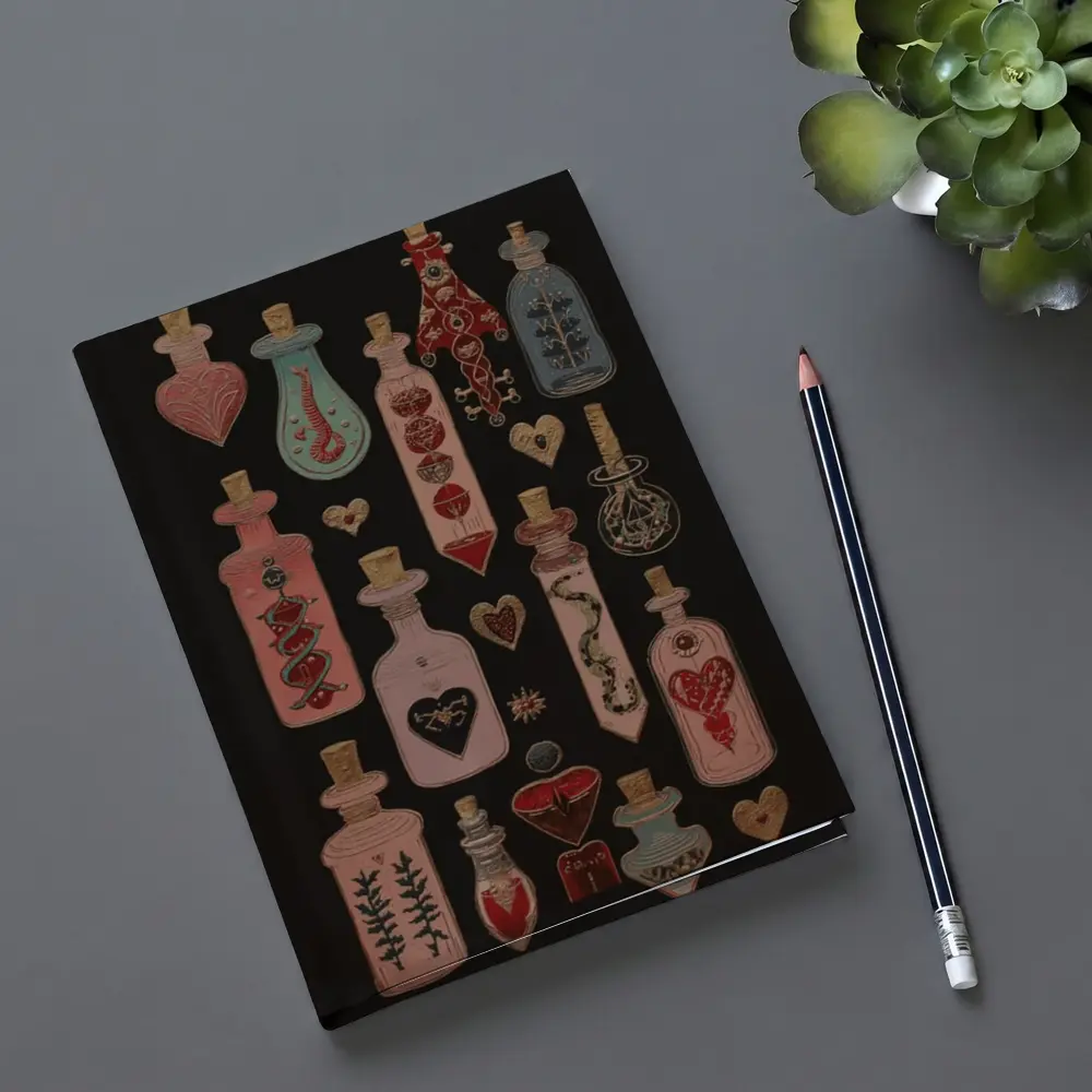 Dark Gothic Potion Bottles Hearts Black Background – Notebooks