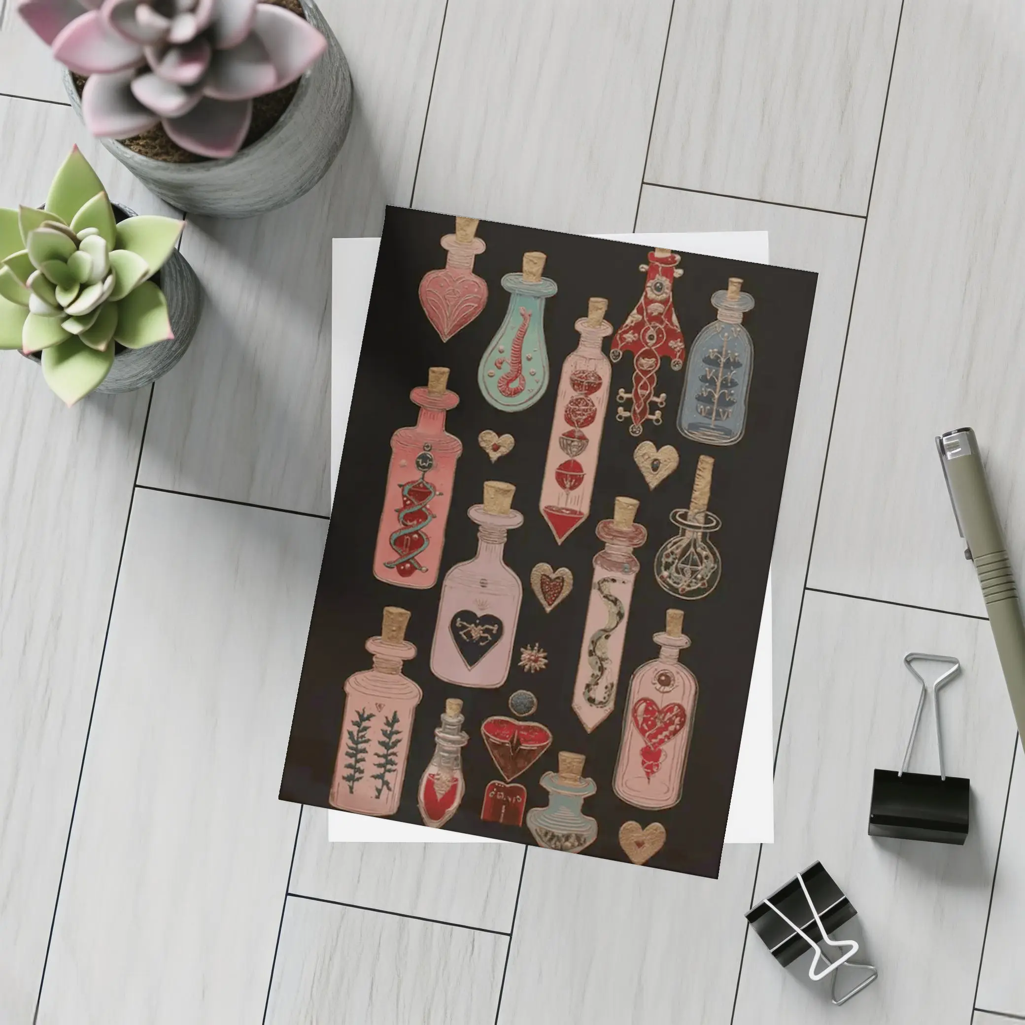 Dark Gothic Potion Bottles Hearts Black Background – Postcards