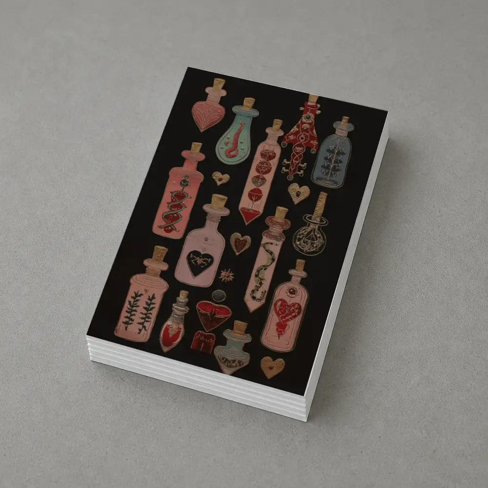 Dark Gothic Potion Bottles Hearts Black Background – Postcards