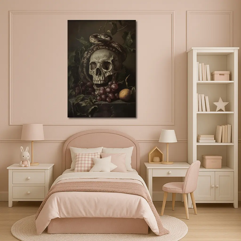 Skull Snake Still Life Dark Gothic Painting – Wall Art