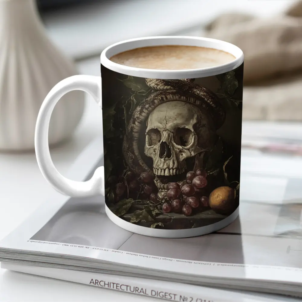 Skull Snake Still Life Dark Gothic Painting – Mugs