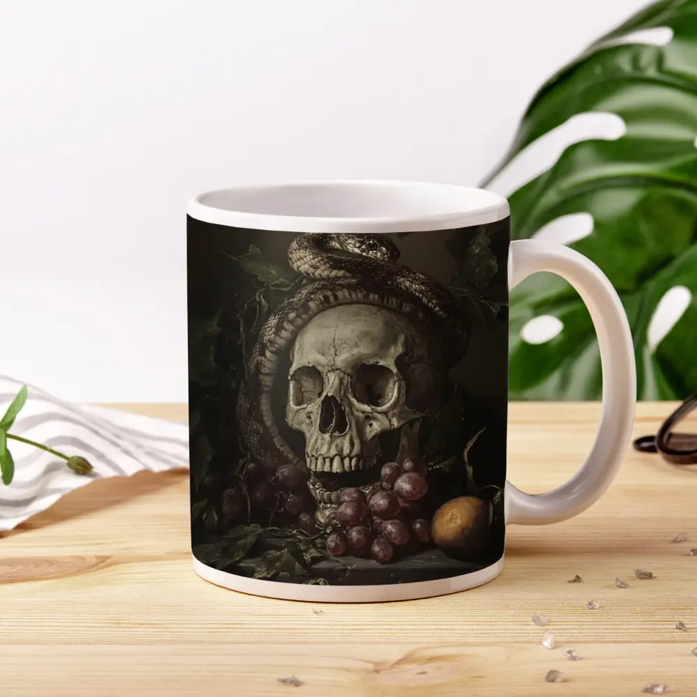 Skull Snake Still Life Dark Gothic Painting – Mugs