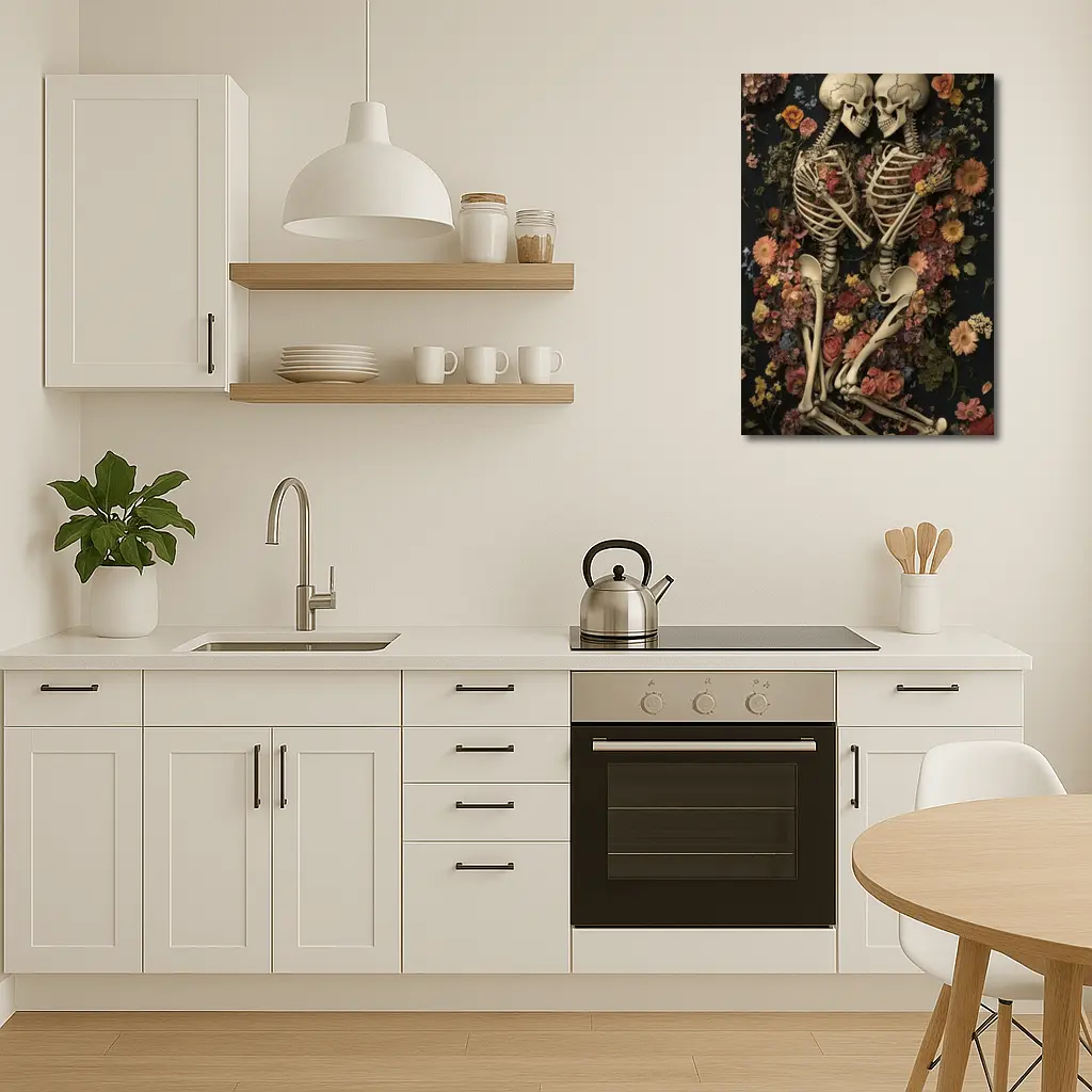 Two Skeletons Embracing Among Colorful Flowers – Wall Art