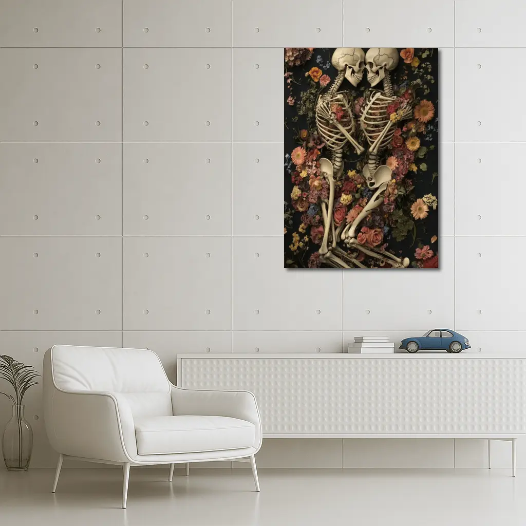 Two Skeletons Embracing Among Colorful Flowers – Wall Art