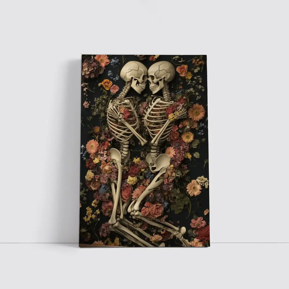 Two Skeletons Embracing Among Colorful Flowers – Wall Art