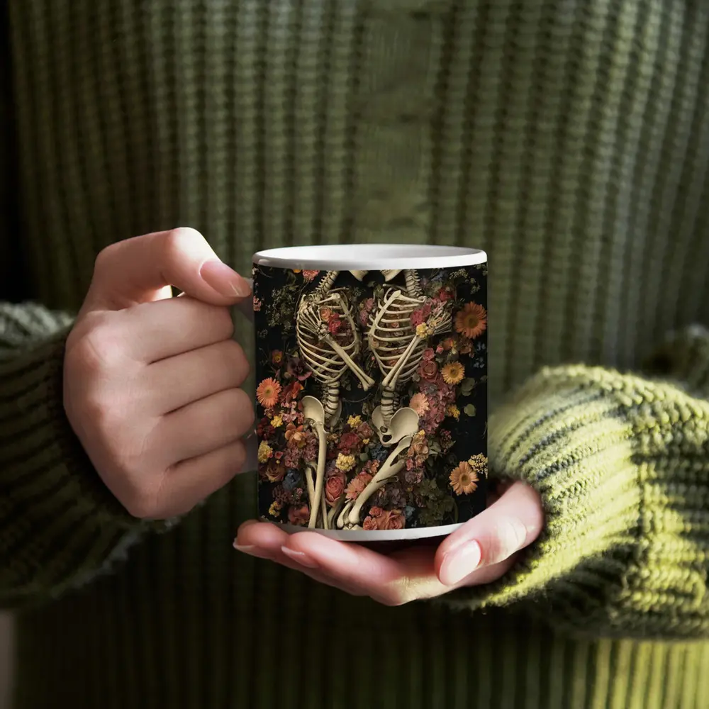 Two Skeletons Embracing Among Colorful Flowers – Mugs