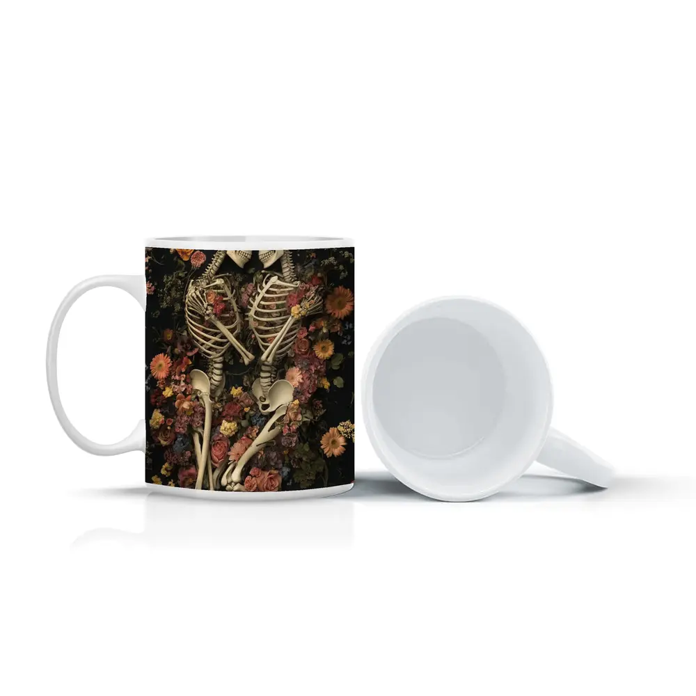 Two Skeletons Embracing Among Colorful Flowers – Mugs