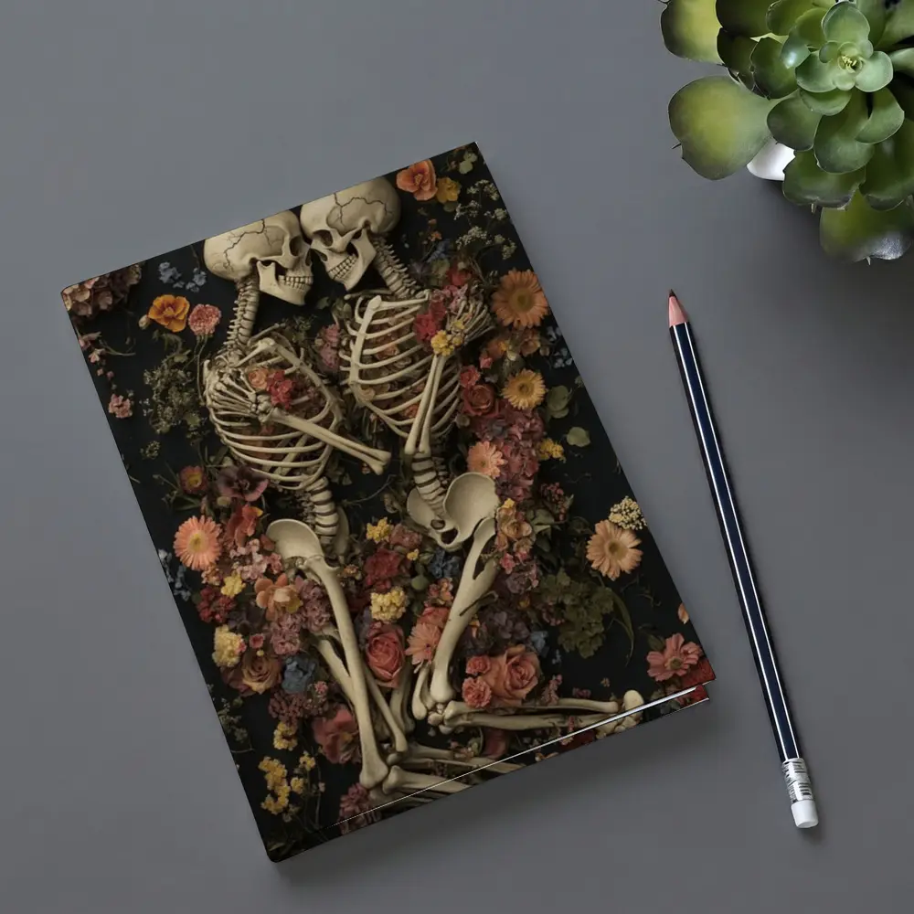 Two Skeletons Embracing Among Colorful Flowers – Notebooks