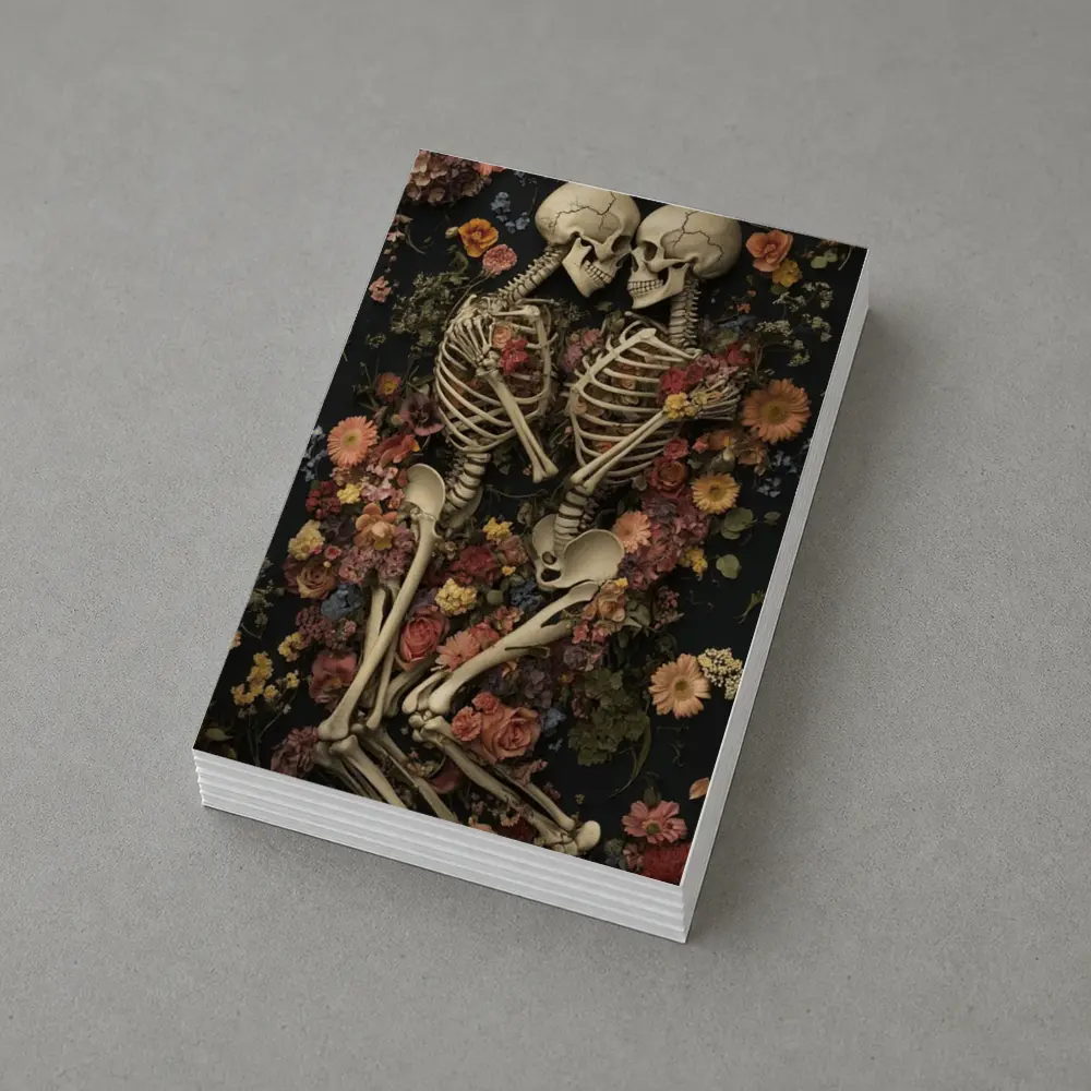 Two Skeletons Embracing Among Colorful Flowers – Postcards