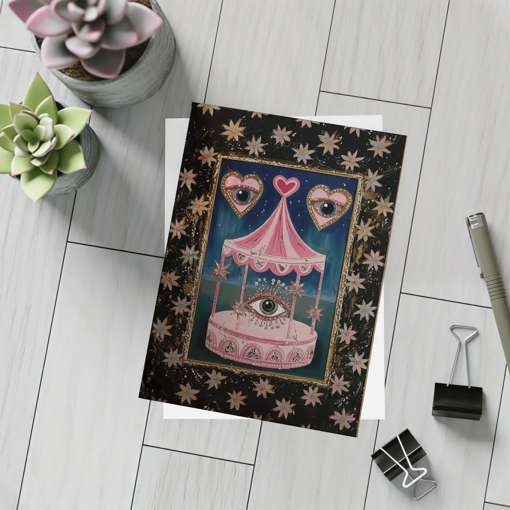 Pink Carousel Eye Hearts Stars Dark – Postcards