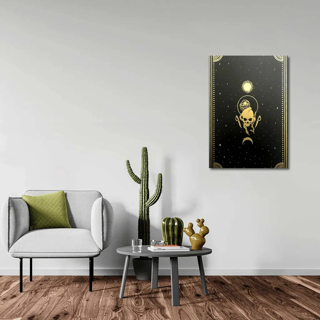 Gold Skull Sun Moon Black Mystical Art – Wall Art