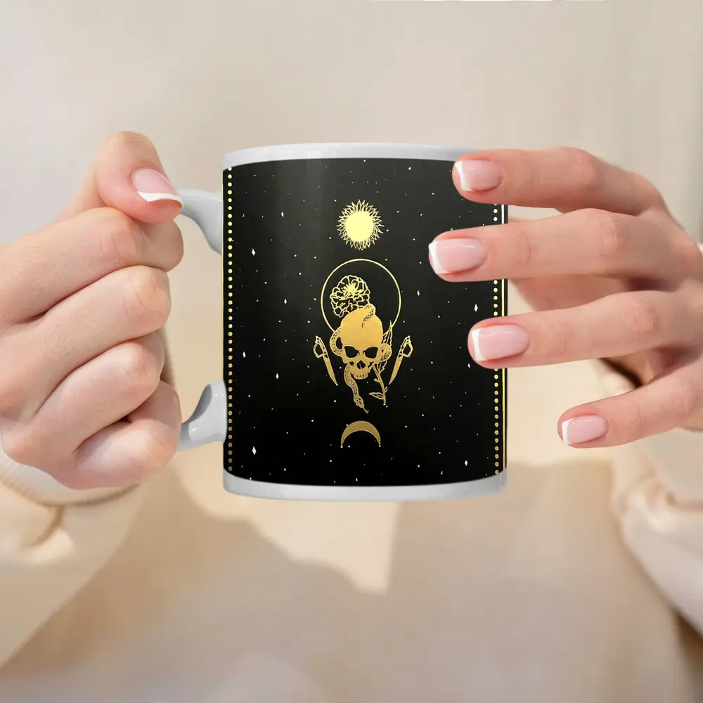 Gold Skull Sun Moon Black Mystical Art – Mugs