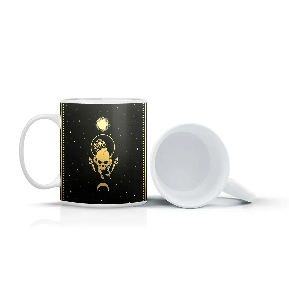 Gold Skull Sun Moon Black Mystical Art – Mugs