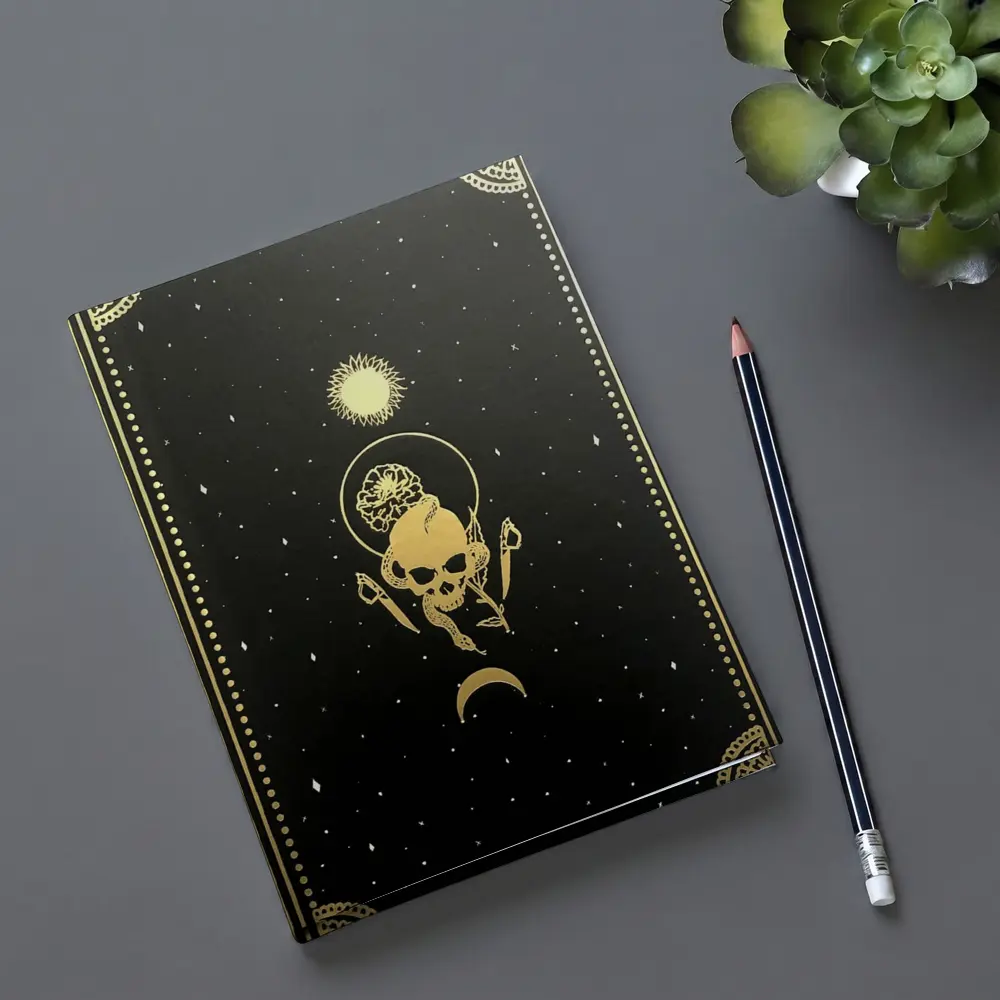 Gold Skull Sun Moon Black Mystical Art – Notebooks