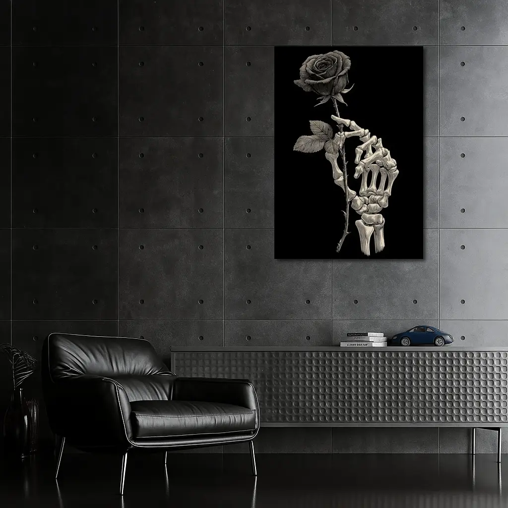 Skeleton Hand Holding Rose Black Background – Wall Art