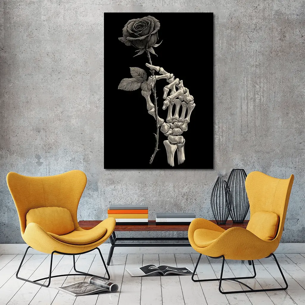 Skeleton Hand Holding Rose Black Background – Wall Art