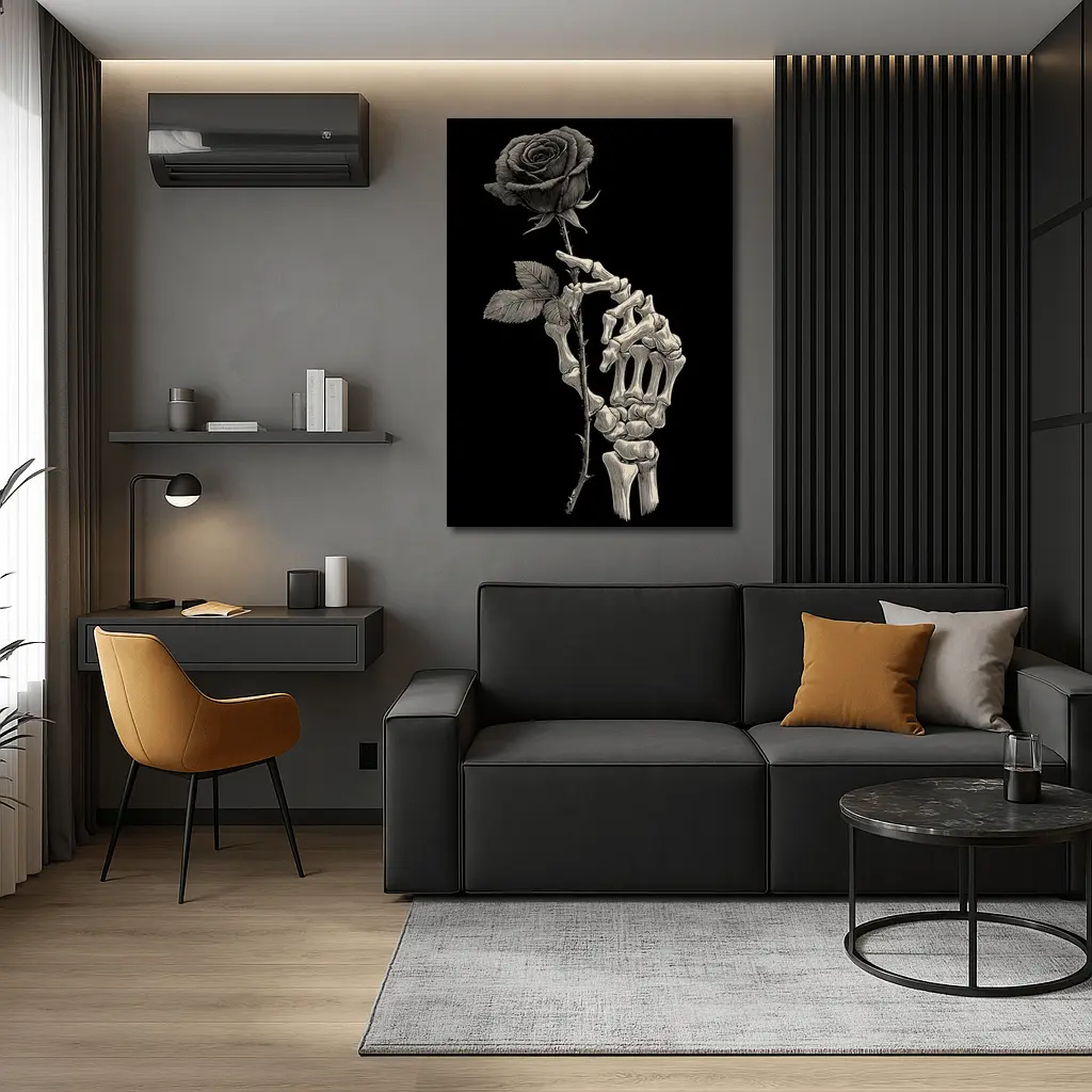 Skeleton Hand Holding Rose Black Background – Wall Art