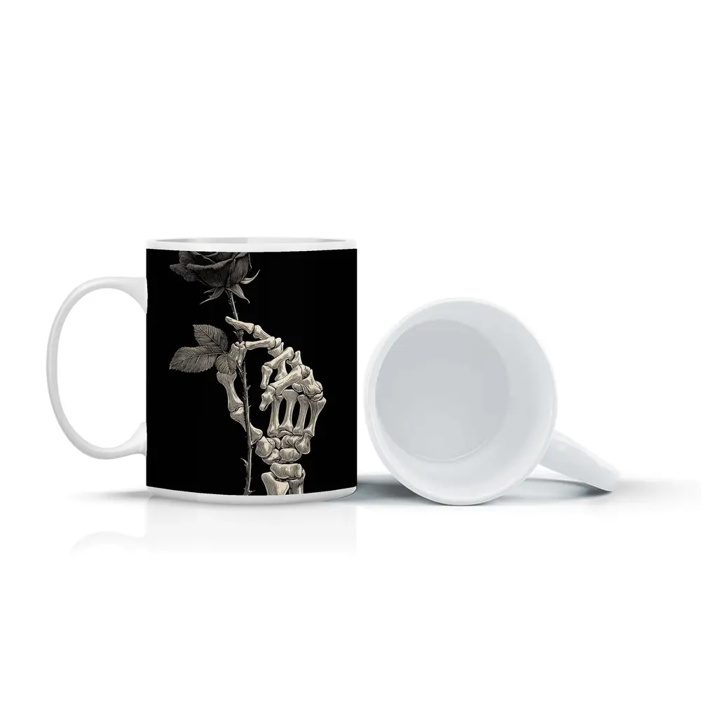 Skeleton Hand Holding Rose Black Background – Mugs