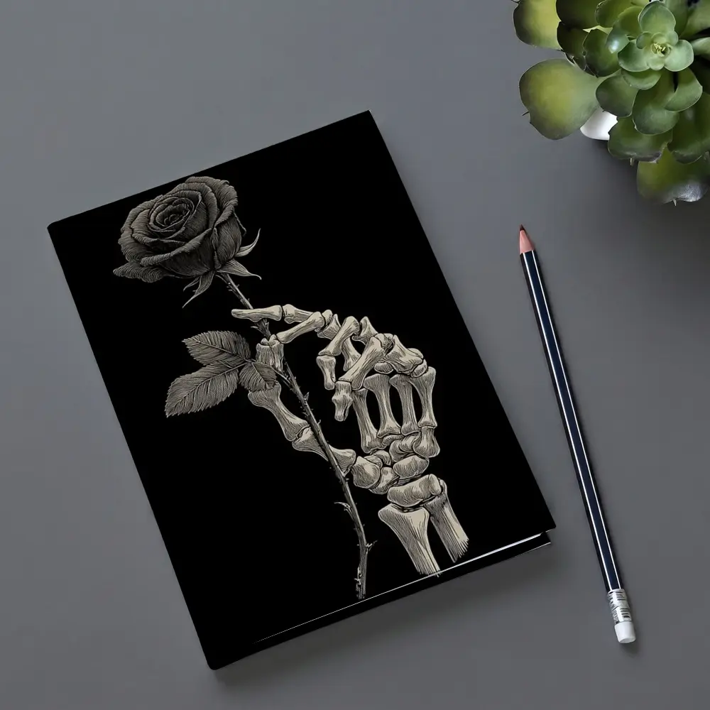 Skeleton Hand Holding Rose Black Background – Notebooks