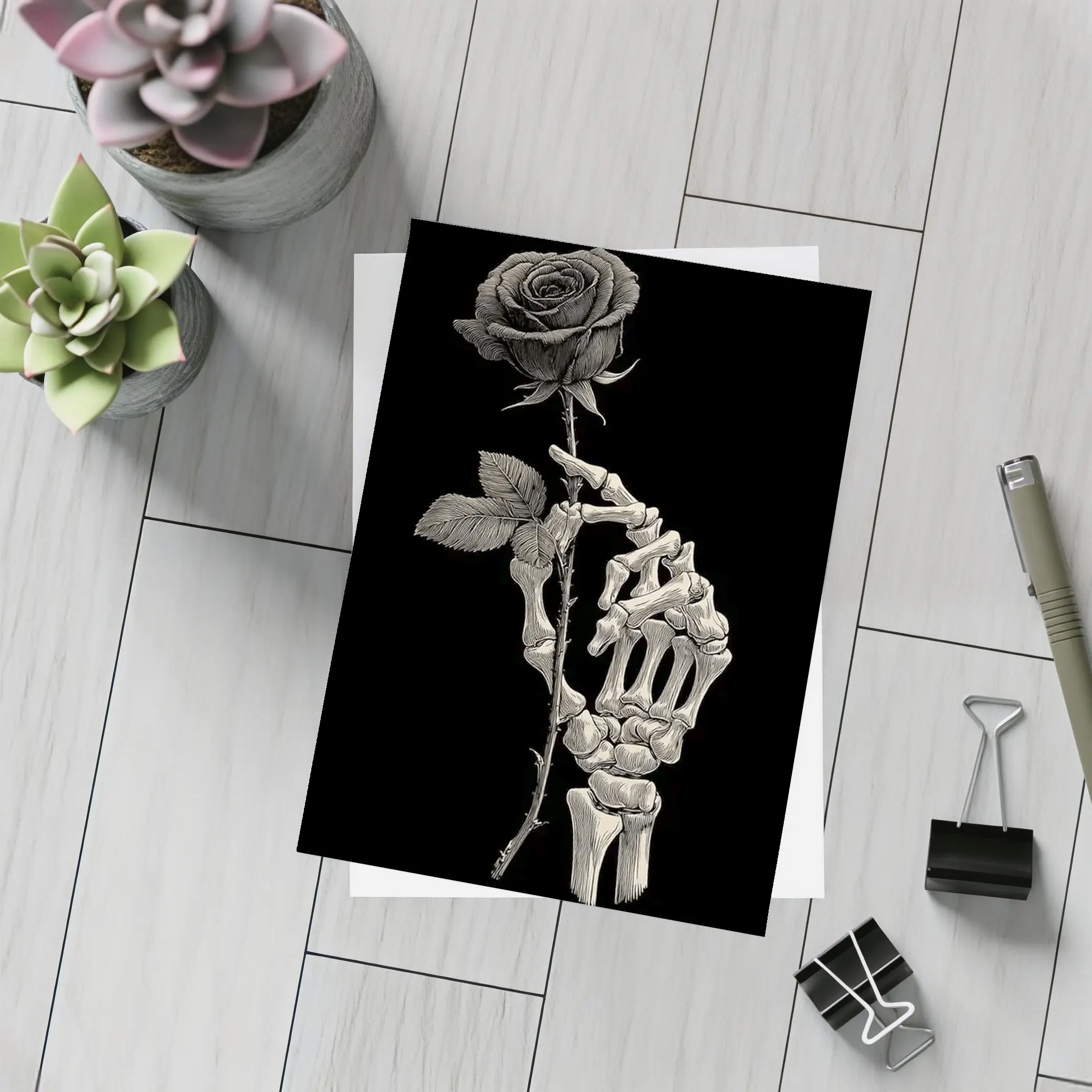Skeleton Hand Holding Rose Black Background – Postcards