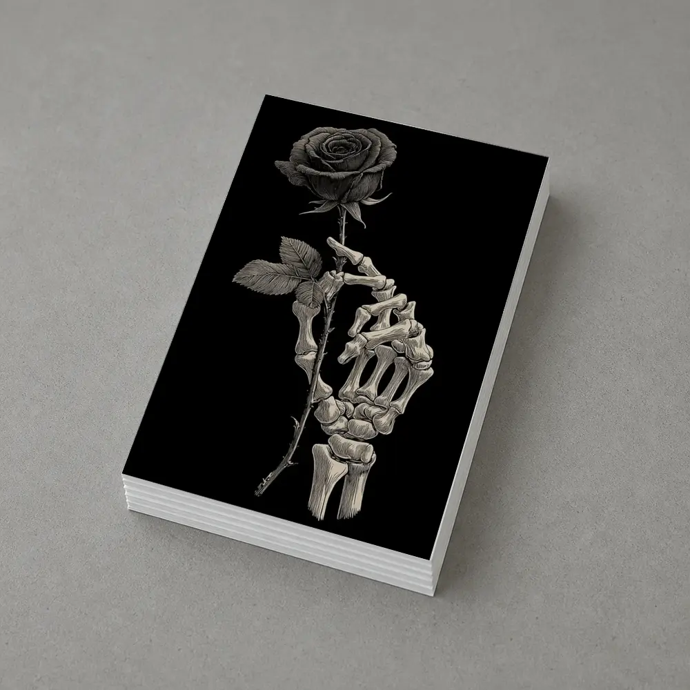 Skeleton Hand Holding Rose Black Background – Postcards