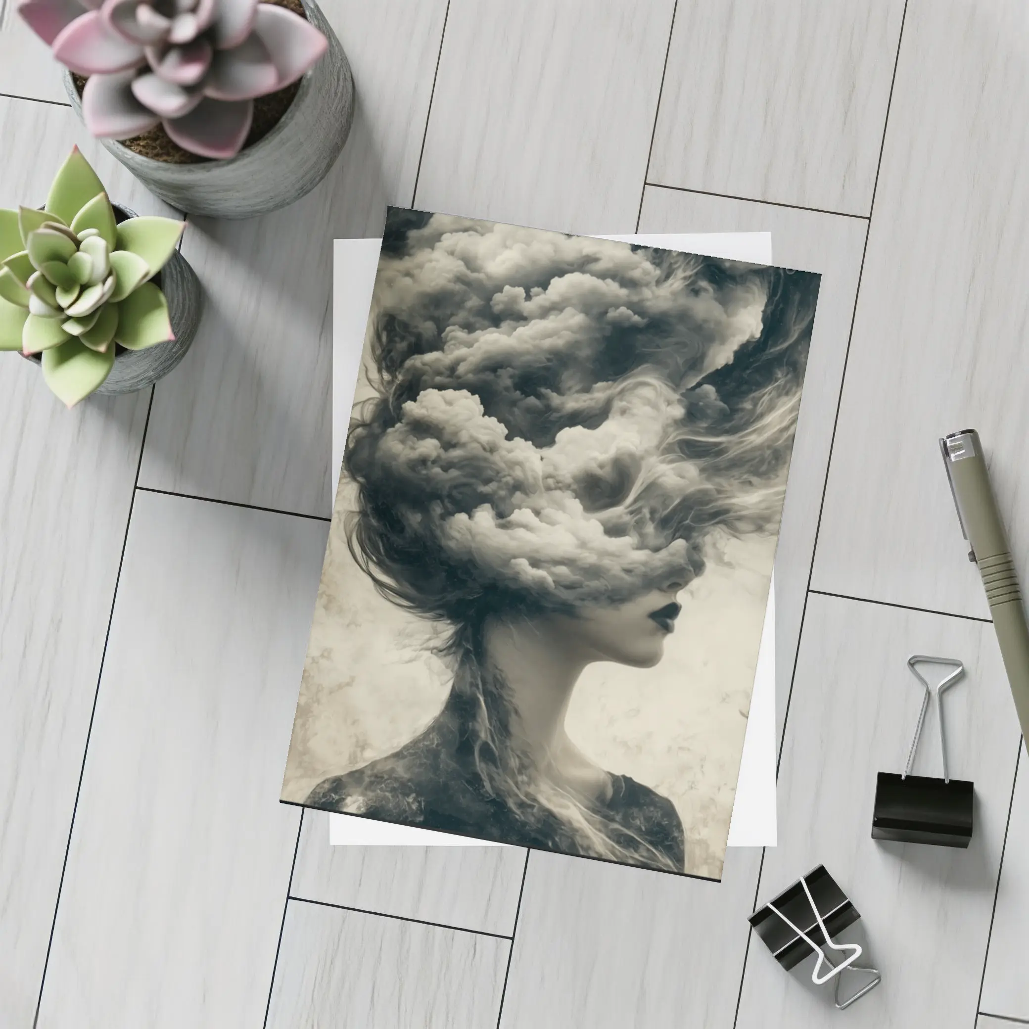 Woman Head Clouds Surreal Dark Sepia Art – Postcards