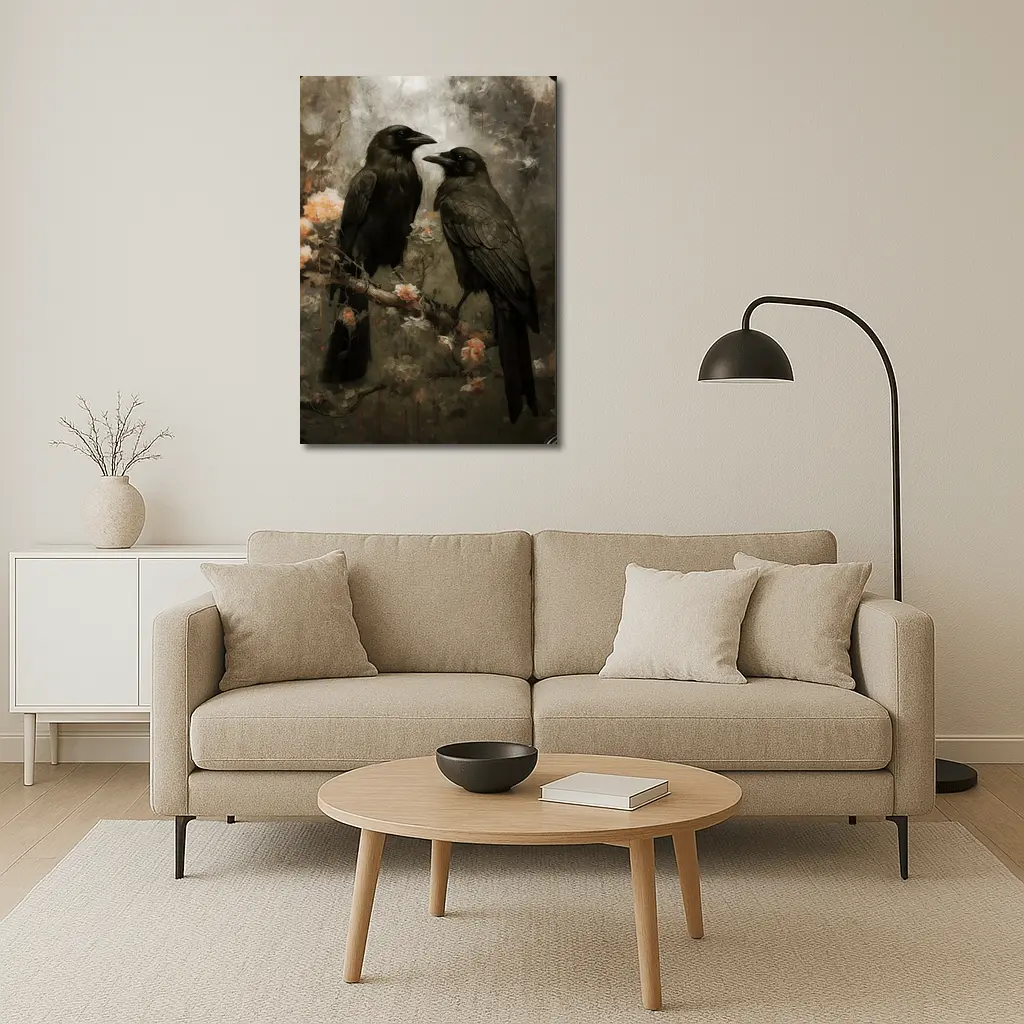 Two Ravens Perched Dark Floral Background – Wall Art