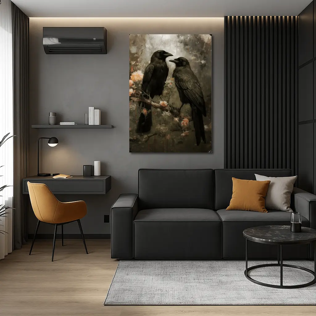 Two Ravens Perched Dark Floral Background – Wall Art
