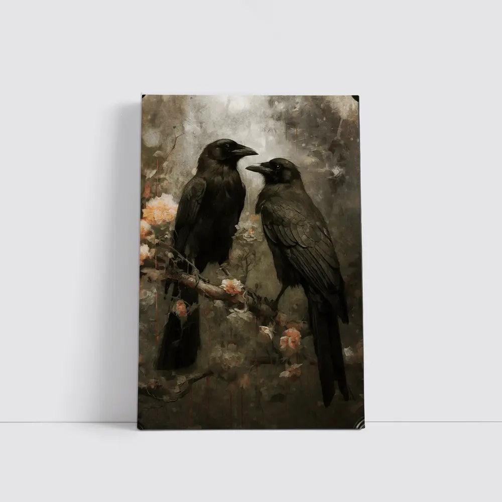 Two Ravens Perched Dark Floral Background – Wall Art