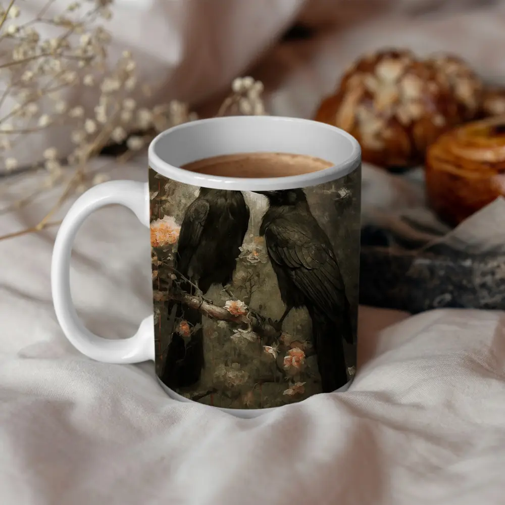 Two Ravens Perched Dark Floral Background – Mugs