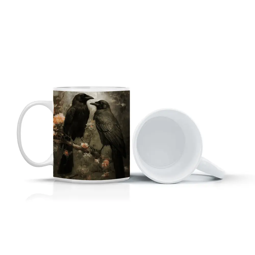 Two Ravens Perched Dark Floral Background – Mugs